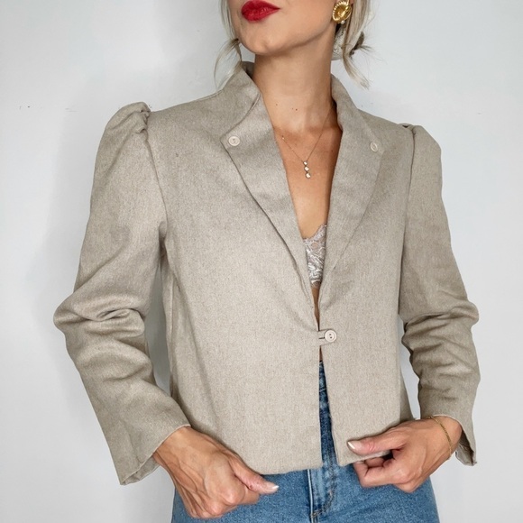 💫 Puff Sleeve Wool Cropped Lapel 80s Beige Blazer Jacket - Picture 1 of 6